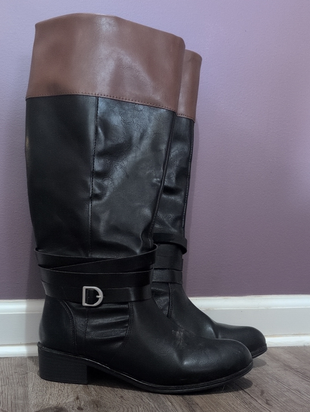 St. John's Bay black & cognac faux leather riding boots, size 9.5W